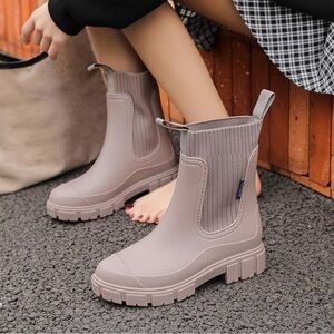 Ankle Chelsea Rain Boots Taupe Brown Waterproof Sock Style Outdoor Shoes